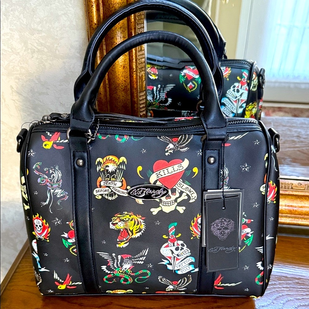 Ed Hardy Black Multicolor Tattoo Satchel/crossbody Handbag.  Tattoo designs.